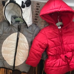 Red and black and white winter jackets